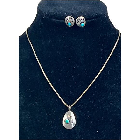 Navajo Sterling Silver Turquoise Shadow Box Bear Paw Arrow Necklace & Earrings